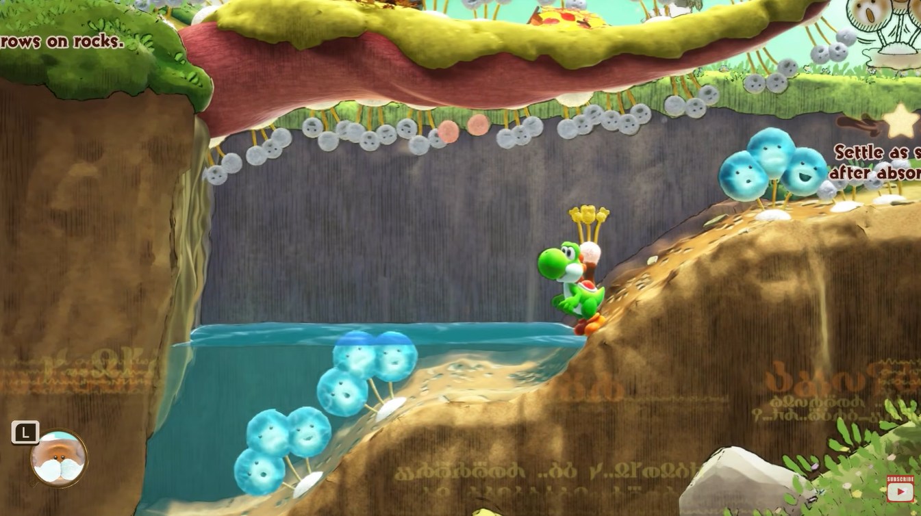 Yoshi lowering the water level with Scatterpuffs near the hidden cave.