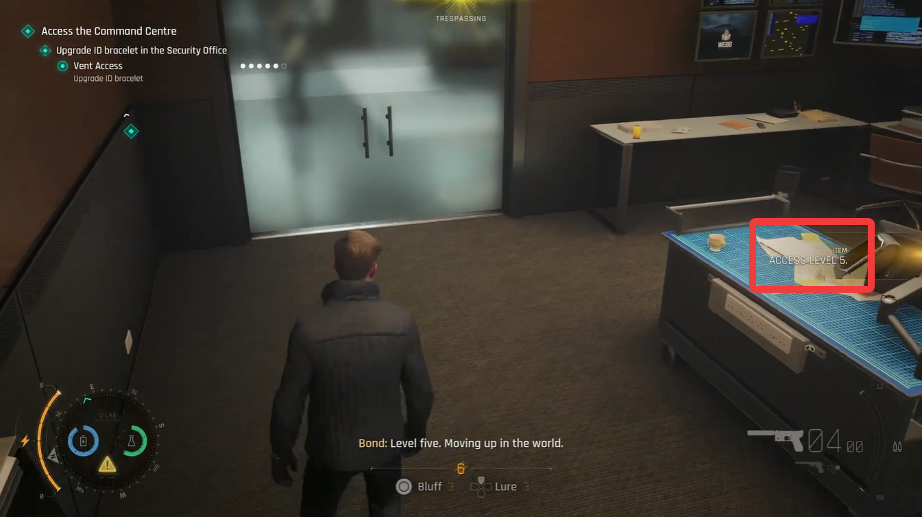 007 First Light Security Office ID bracelet upgrade station increasing access level to Level 5 during the Access the Command Centre mission