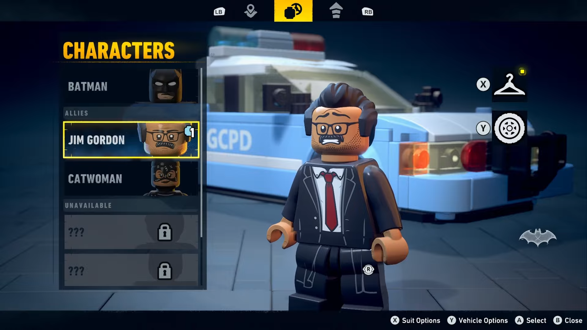 Gordon character selection screen in Lego Batman: Legacy Of The Dark Knight: