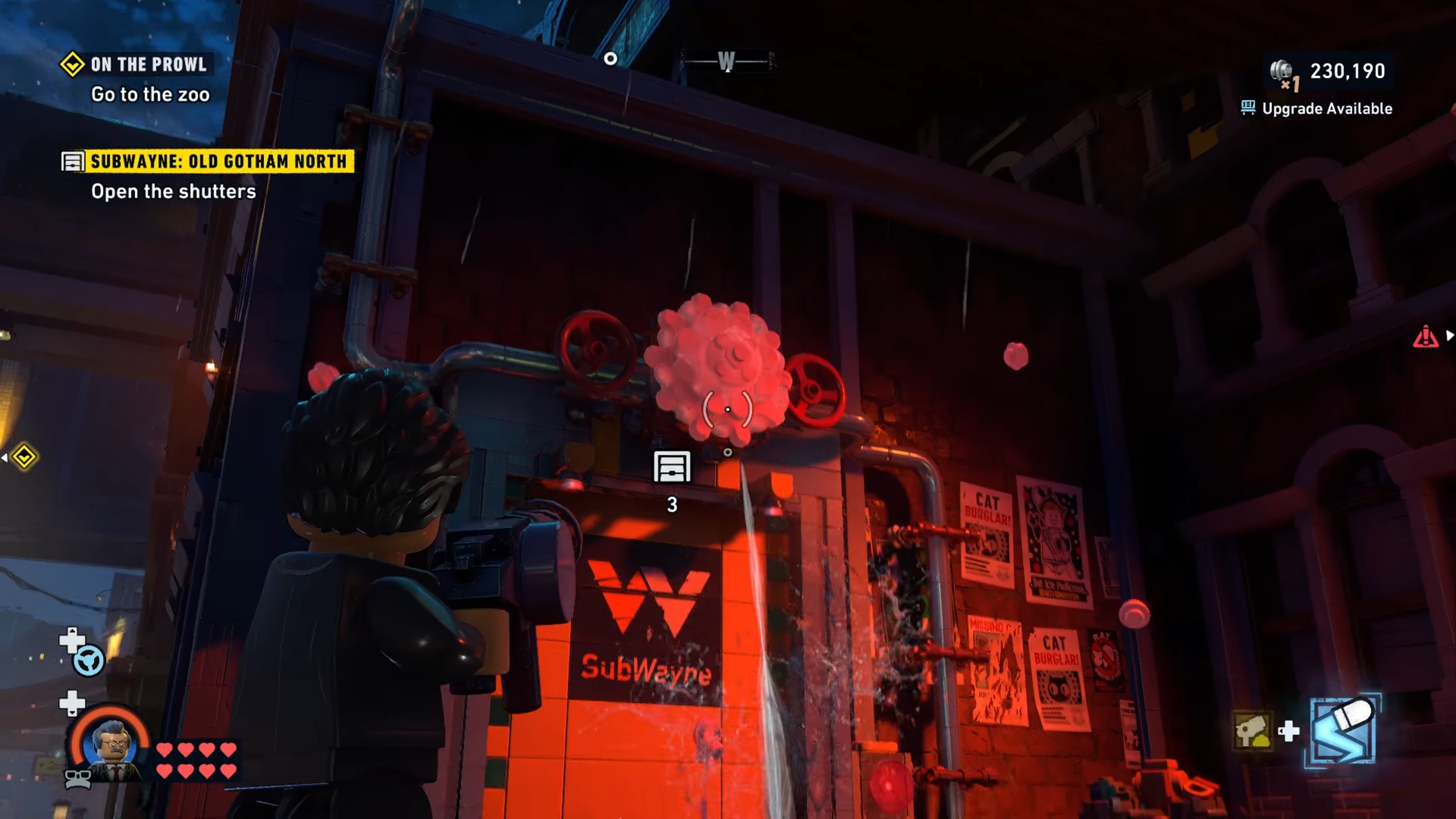 Gordon using his goop gun to block the falling water before the Subwayne tunnel at Old Gotham North in Lego Batman: Legacy Of The Dark Knight: