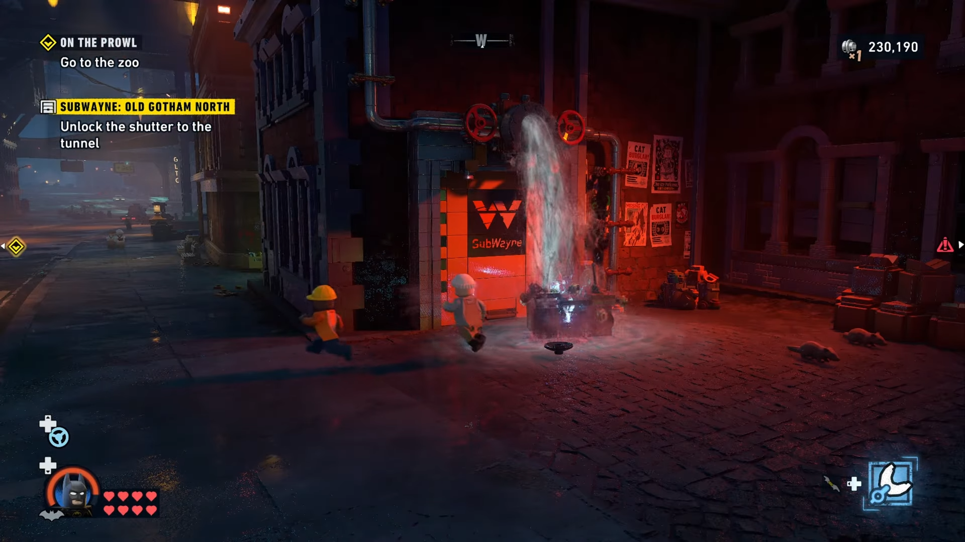 Water falling on top of civilians scurrying off from the Old Gotham North Subwayne tunnel in Lego Batman: Legacy Of The Dark Knight: