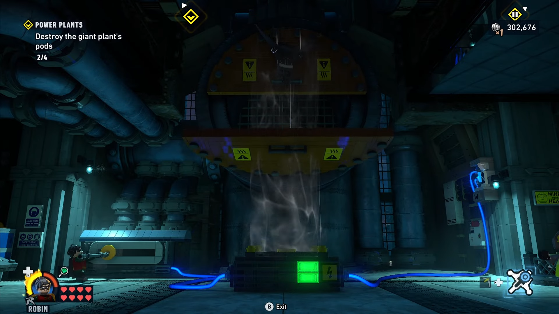 Robin moves the mechanism to the left and opens the platform under Batman in Power Plants mission in Lego Batman: Legacy of the Dark Knight.