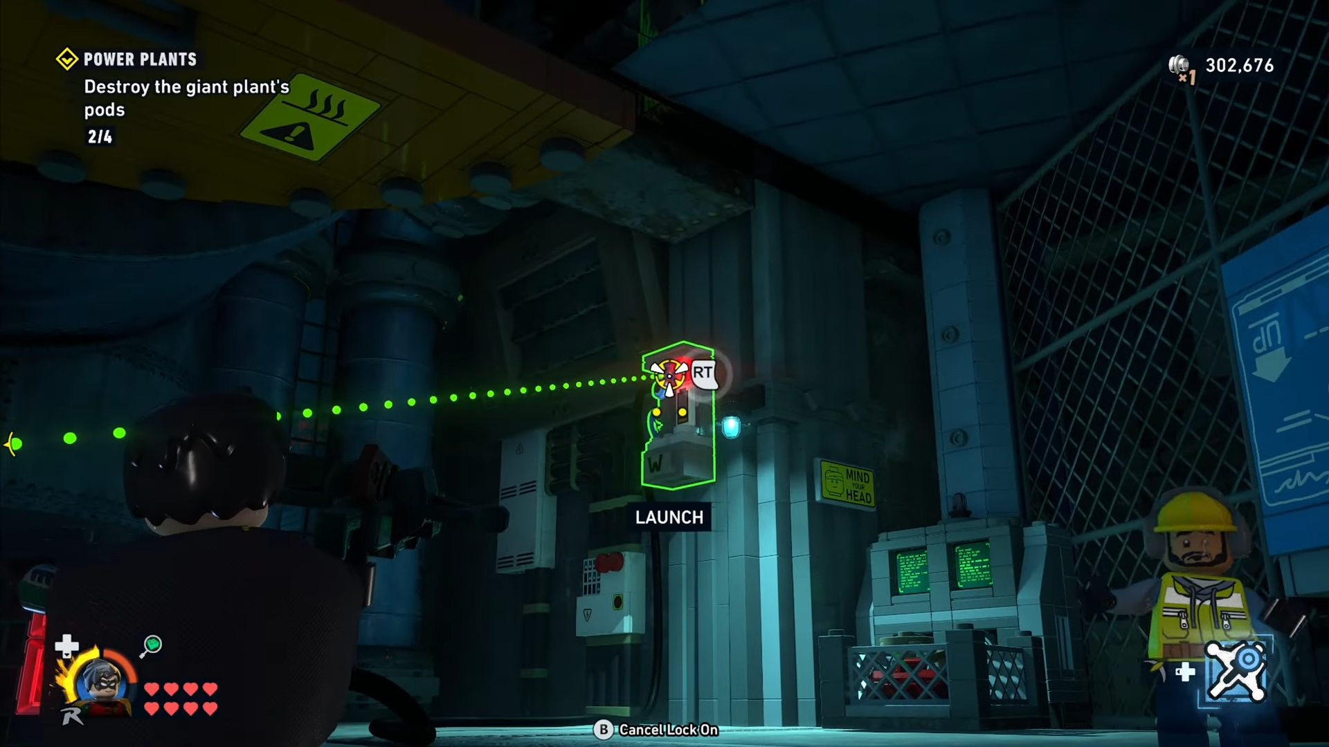 Robin connects the blue cell to the slot on the wall to the right to send it flying there in Power Plants mission in Lego Batman: Legacy of the Dark Knight.