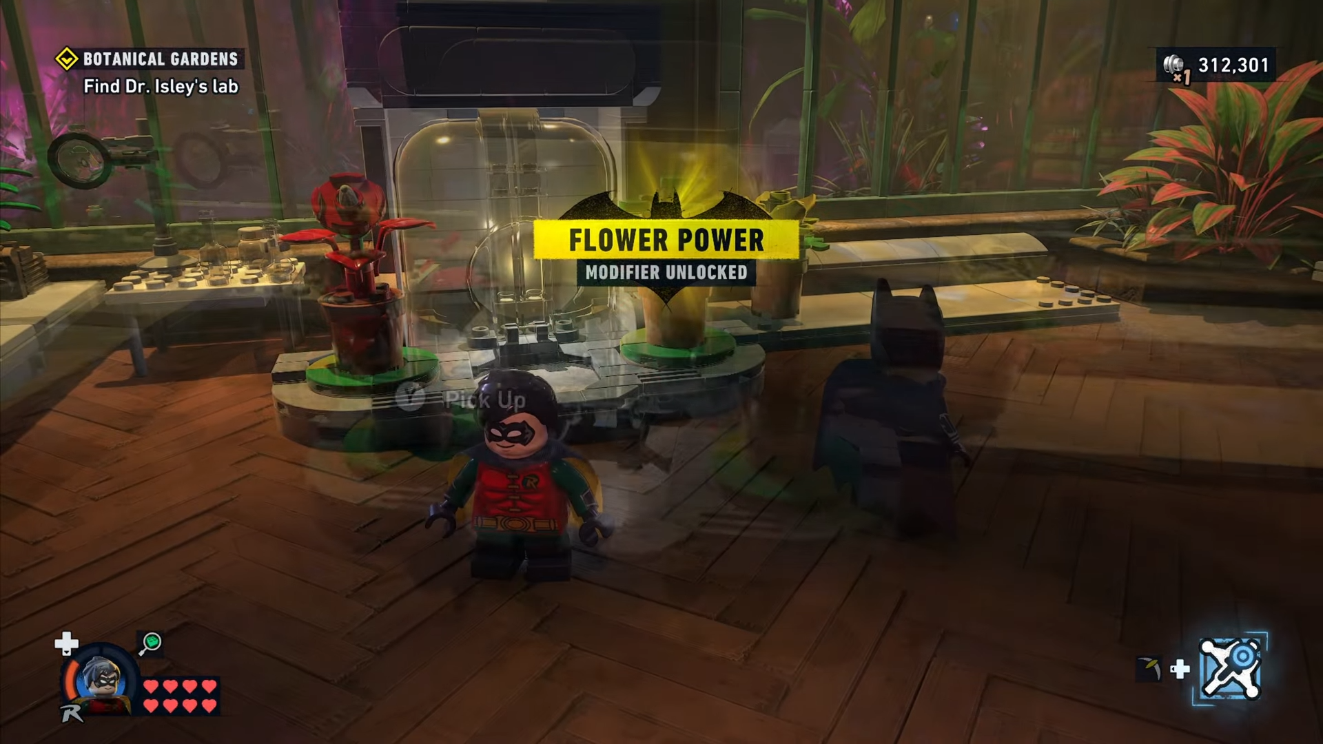 Batman and Robin unlock the Flower Power modifer in Botanical Gardens in Lego Batman: Legacy of the Dark Knight.