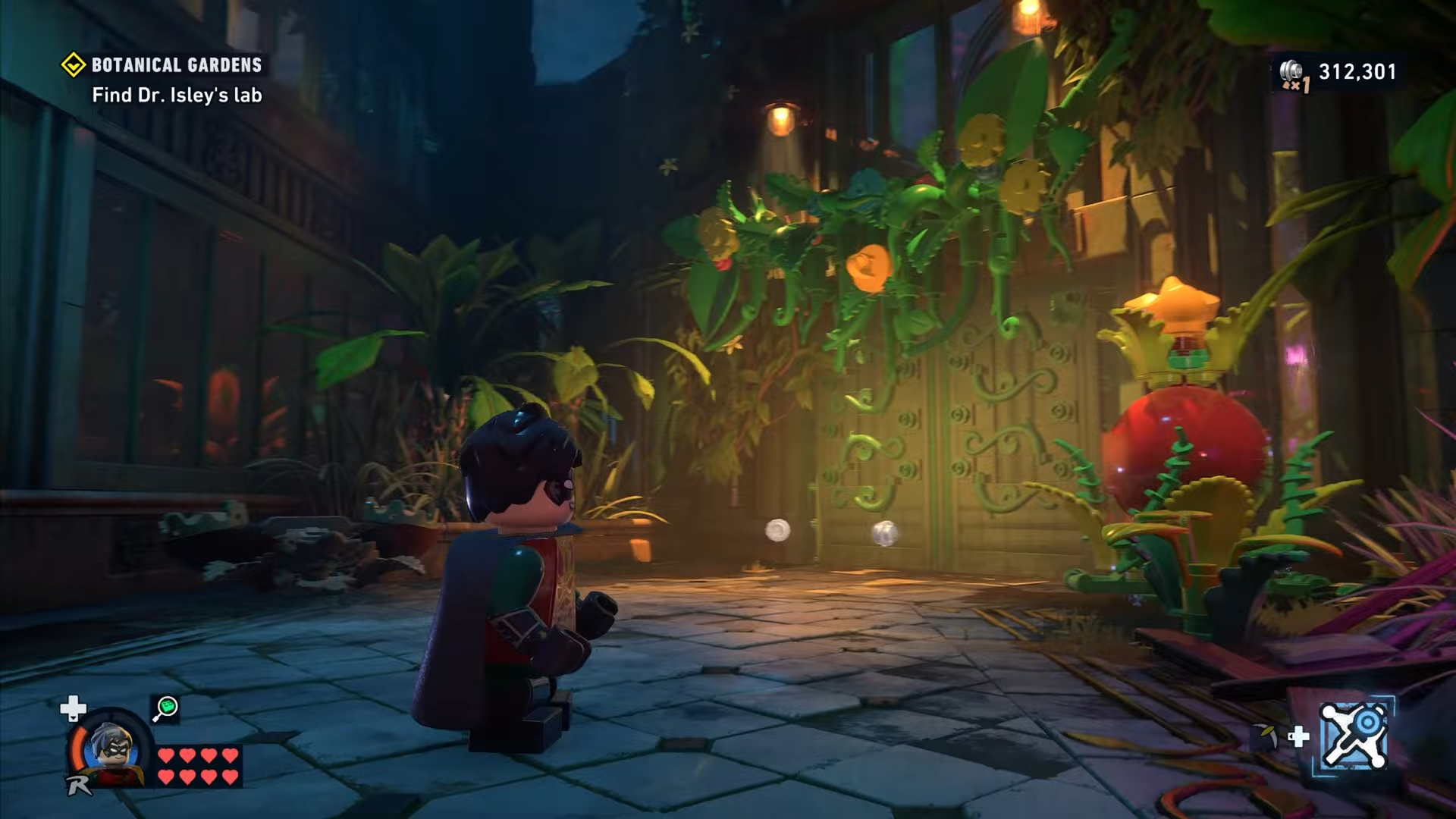 Robin before the green chamber in Botanical Gardens in Lego Batman: Legacy of the Dark Knight.