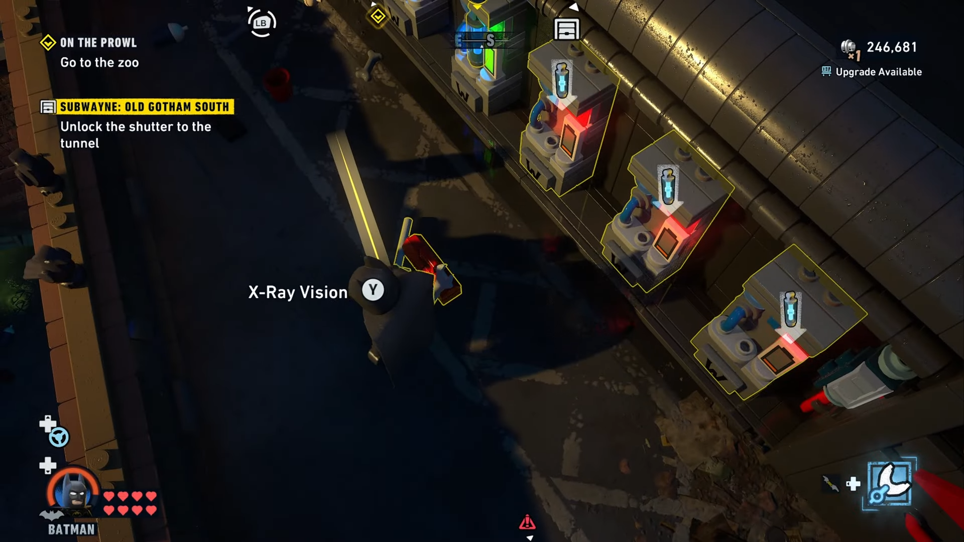 Batman stands before the machine and uses X-Ray Vision at Subwayne Old Gotham South in Lego Batman Legacy of the Dark Knight.