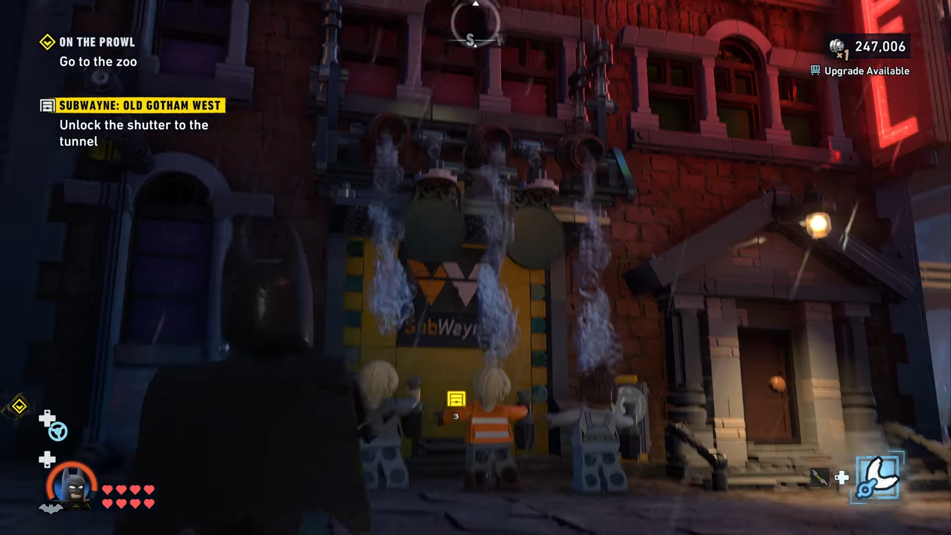 Water falling from the targets above the graffiti artists at Subwayne Old Gotham West in Lego Batman: Legacy of the Dark Knight