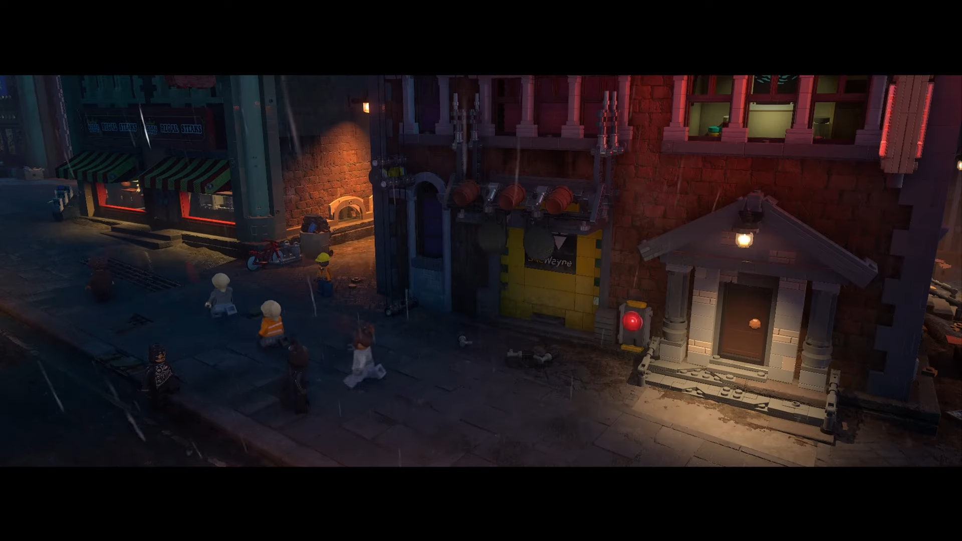 Graffiti artists drenched and running away from the Old Gotham West site in Lego Batman: Legacy of the Dark Knight