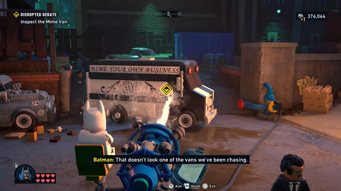 Using the soap cannon to clear vehicles and unlock the Mime Van sequence