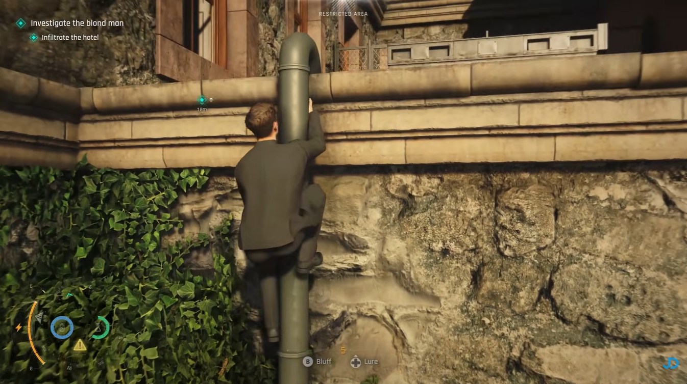 Vertical pipe traversal during Chapter 8 hotel infiltration mission in 007 First Light