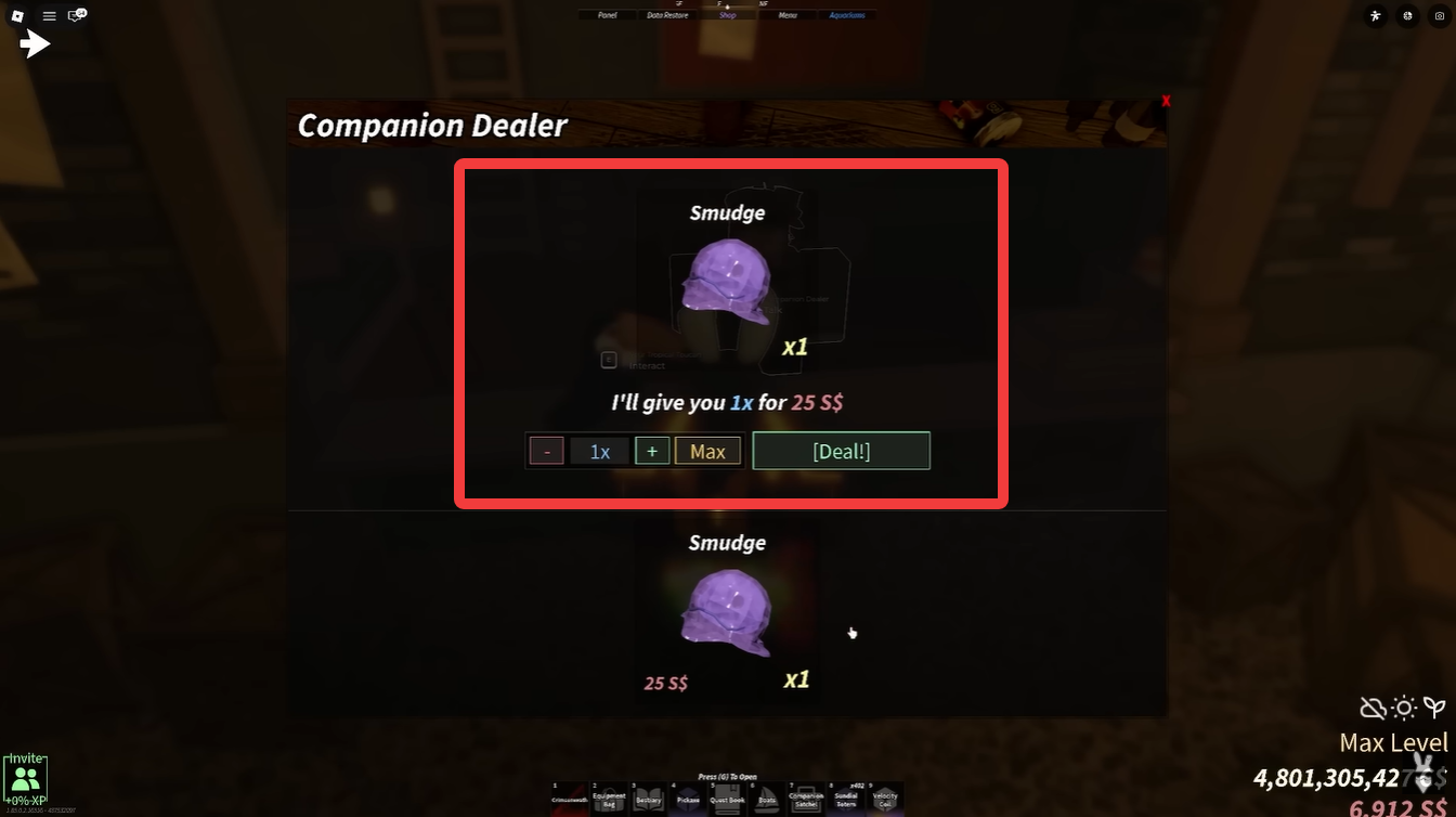 Unlocking smudge from the companion dealer NPC in Fisch Roblox