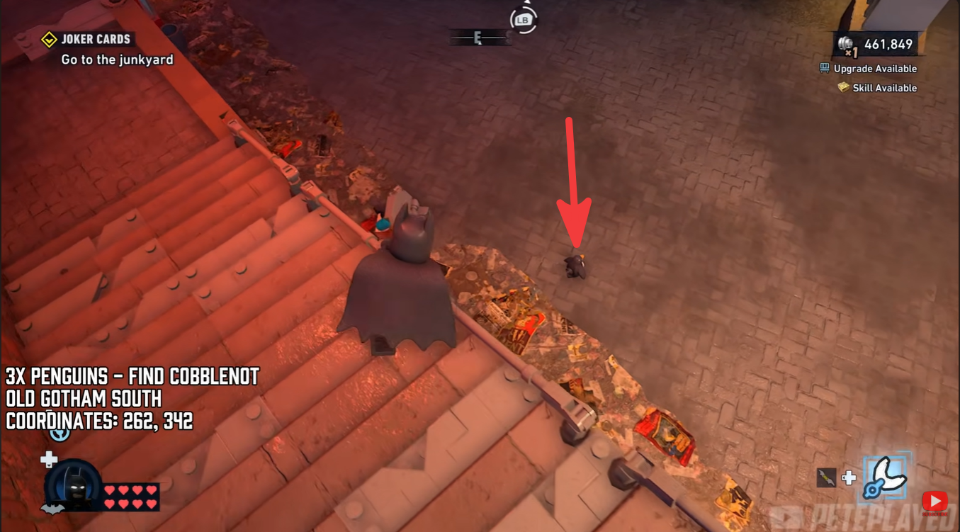 Penguin locations near the pillars and staircase area in Old Gotham South in LEGO Batman Legacy of the Dark Knight