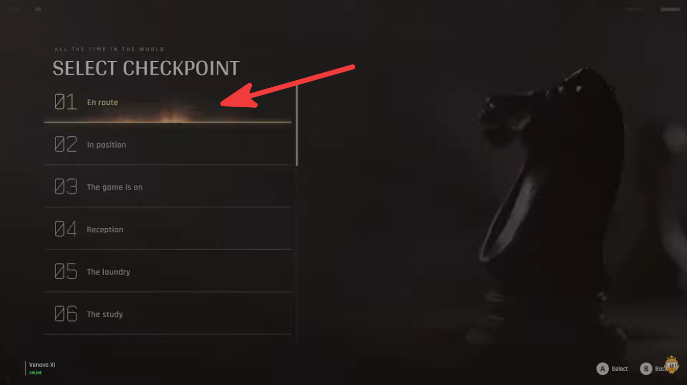 Checkpoint selection screen in 007: First Light showing multiple mission checkpoints available for replay and challenge cleanup.