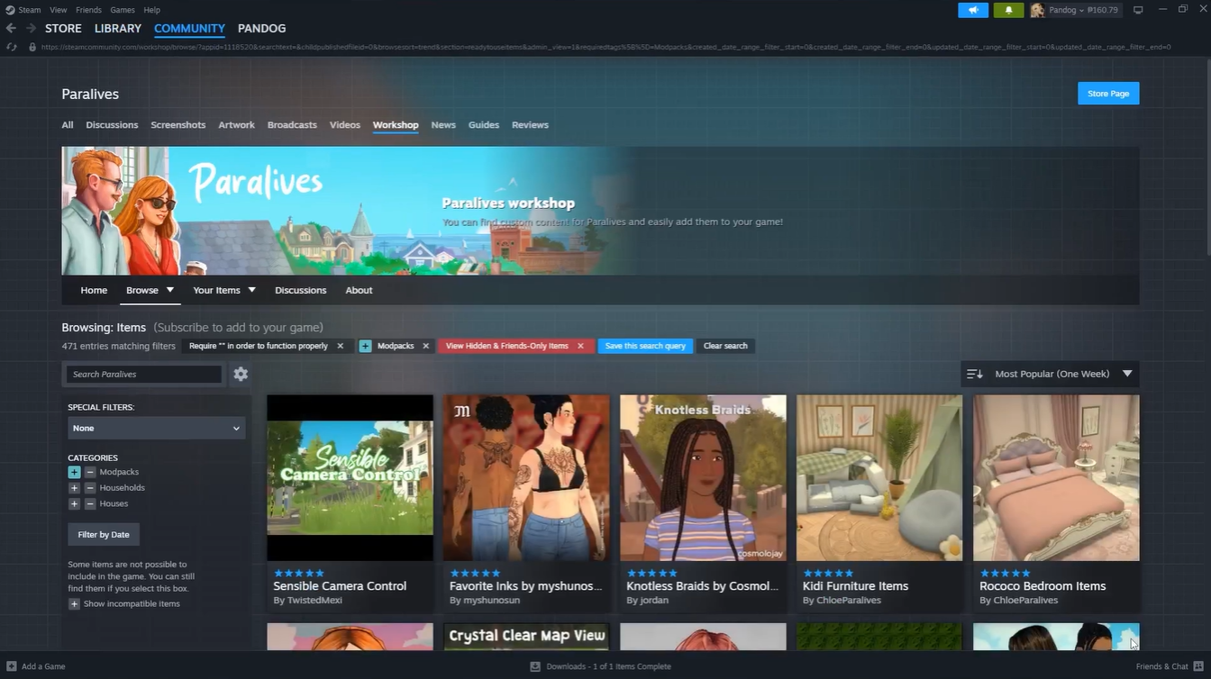 Steam Workshop page for Paralives displaying various community-created mods available for download.