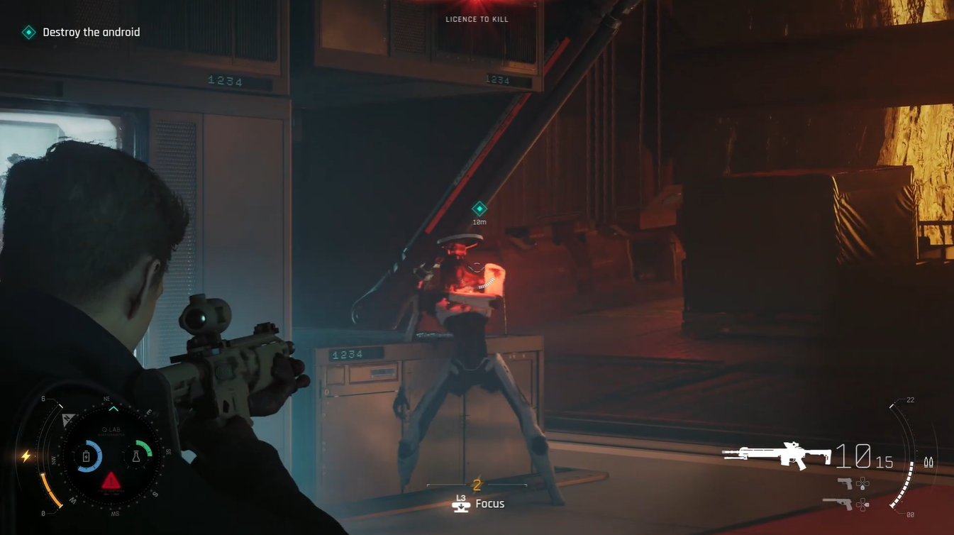 After destroying the android's armor with explosives, Bond targets the exposed core using an assault rifle to deal critical damage.