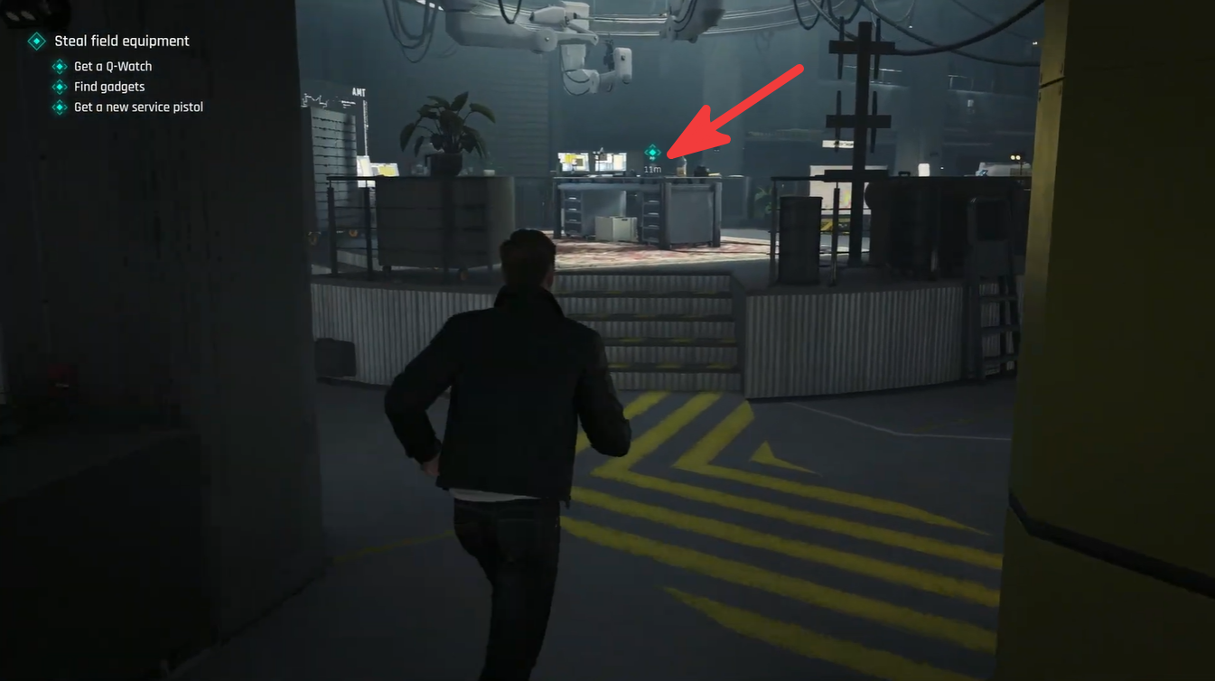 007 First Light player heading toward the fingerprint search area inside the Q-Lab facility