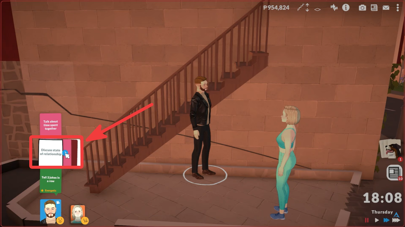 Player selecting the “Ask for baby” interaction in Paralives to discuss starting a family with their partner.