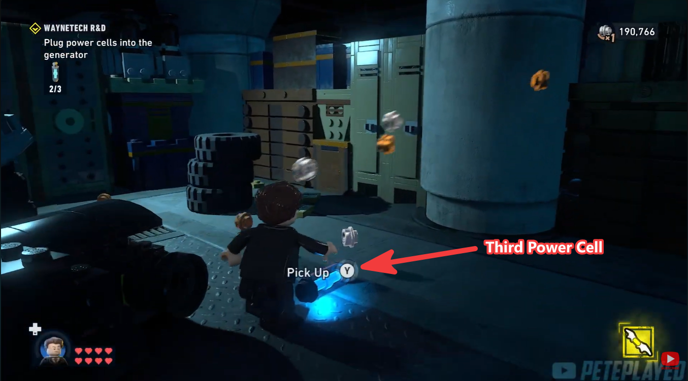 Third Power Cell dropping after Batman presses the red activation button in LEGO Batman: Legacy of the Dark Knight