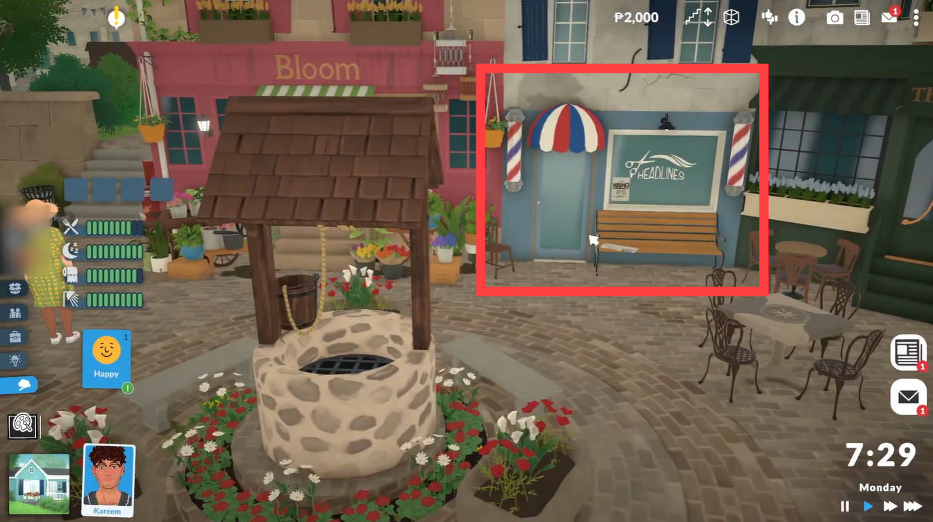 Front view of the Paralives barber shop beside the Bloom flower store in the town square