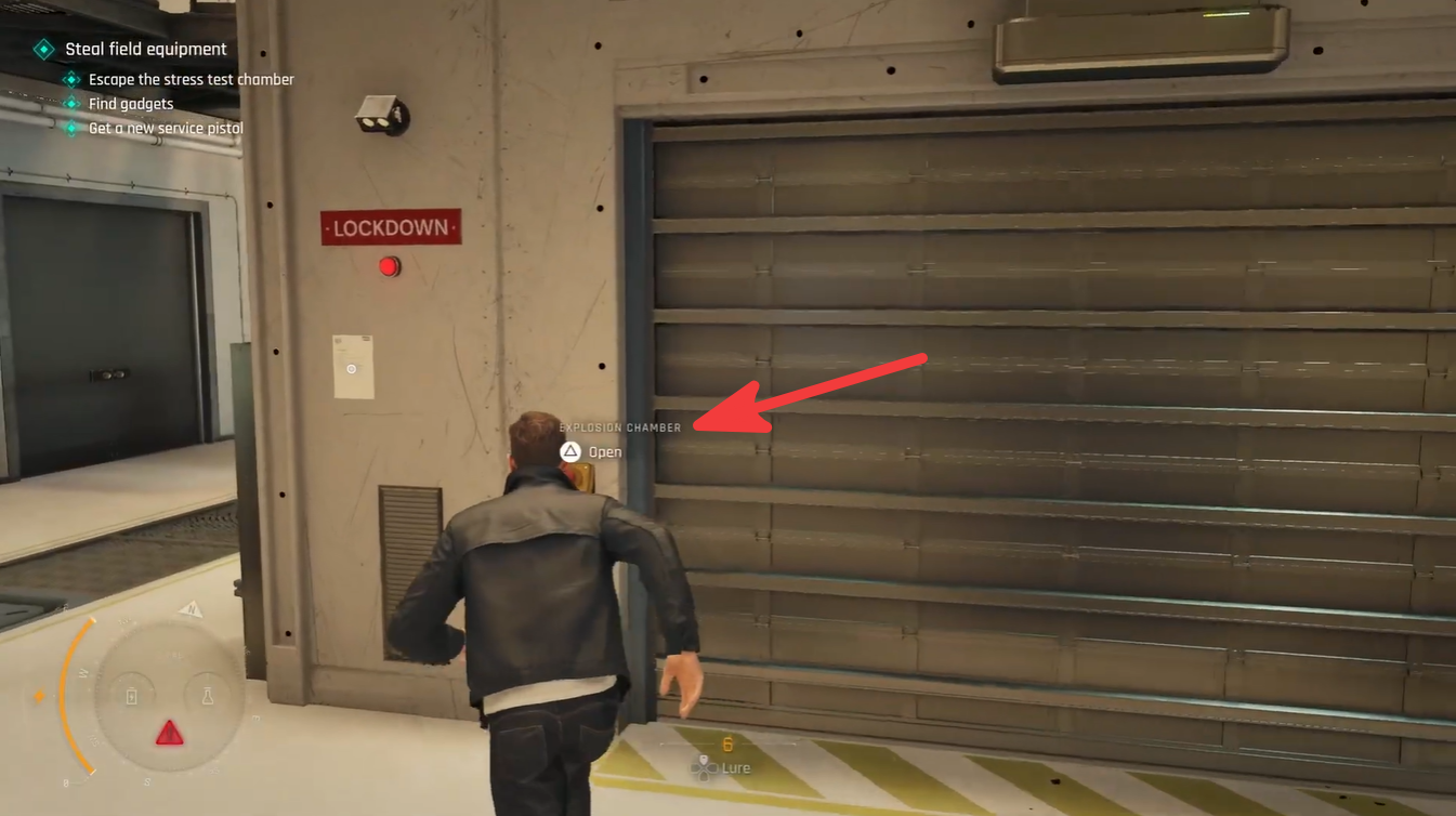 Bond approaching the sealed Explosion Chamber shutter from the control room side, preparing to unlock the lockdown mechanism and continue the mission.