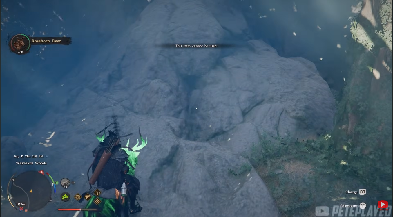 Player mounting the Rosehorn Deer after defeating the rider.