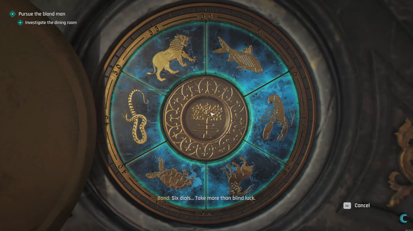 Fireplace puzzle interface showing the animal symbols used in the Pursue the Blond Man mission in 007 First Light