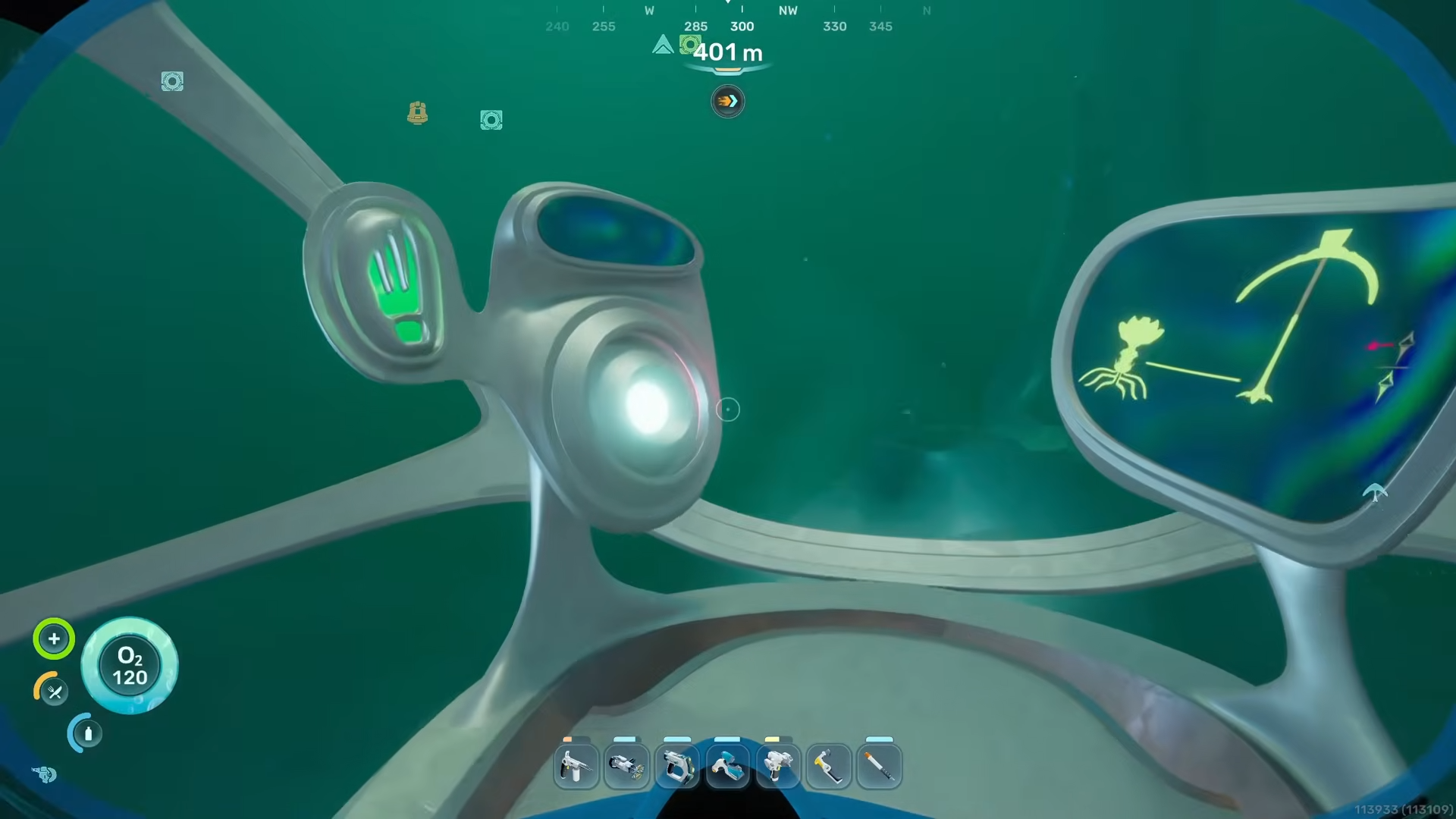 Aiming at an illuminated alien console button inside the turbine control room in Subnautica 2 