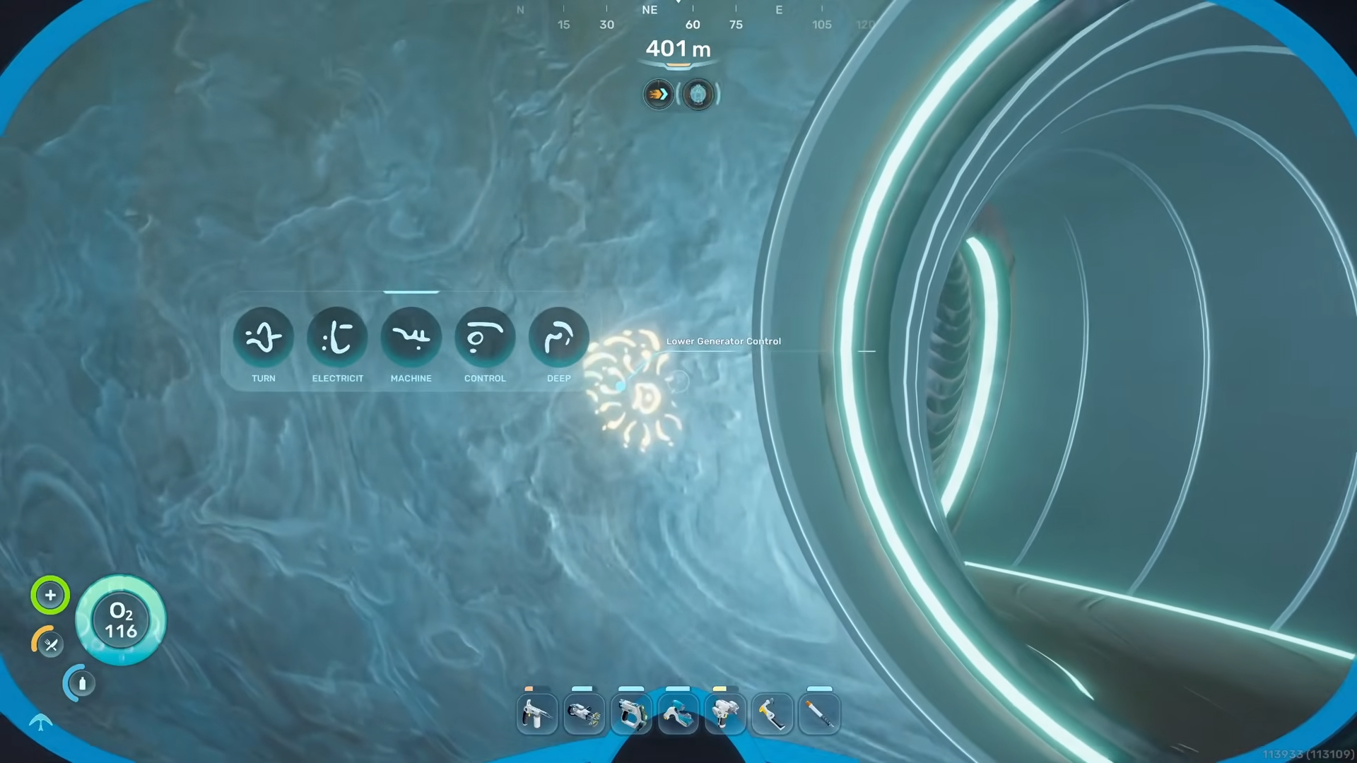Glowing Axum glyph on the wall marking the lower generator control room entrance in Subnautica 2