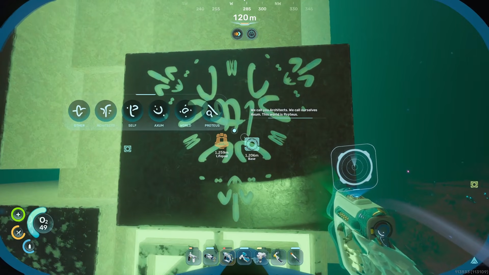 Close‑up of Axum alien pictographs on a stone slab used as a Rosetta Stone translation panel in Subnautica 2