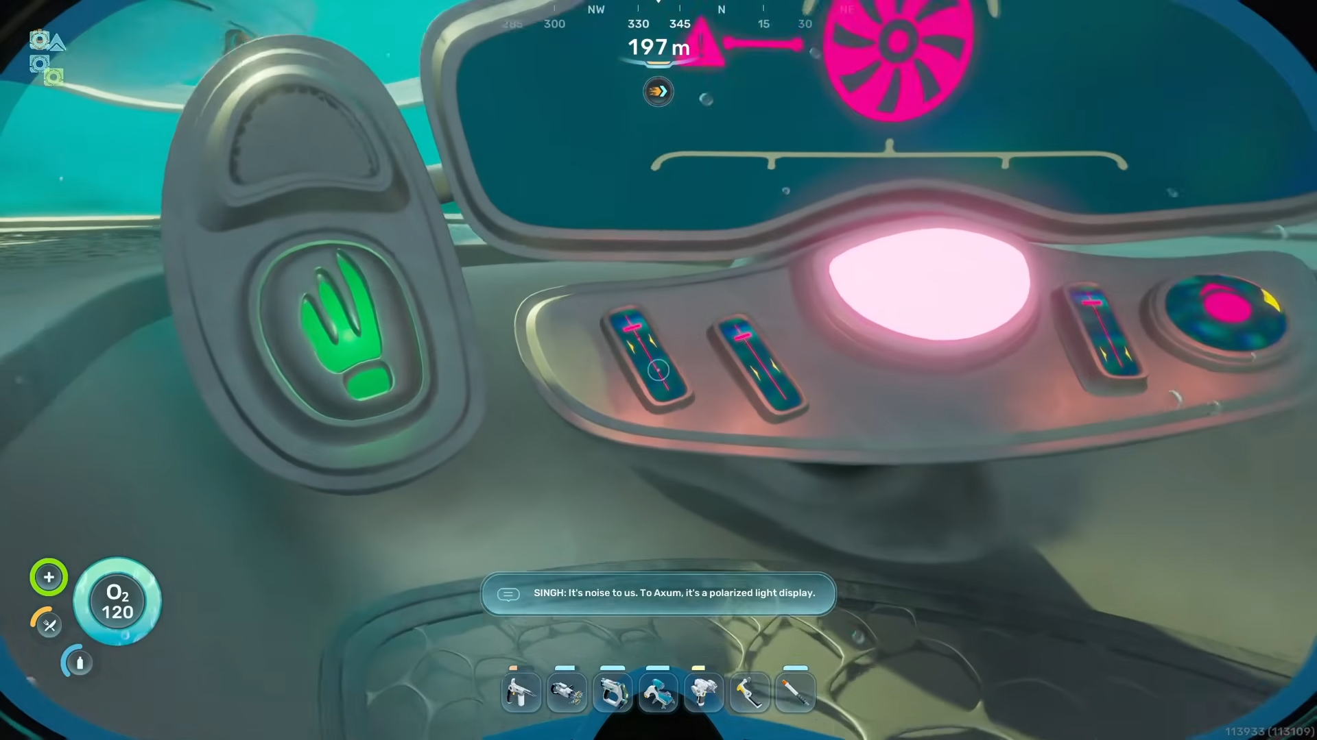 Subnautica 2 player aiming at an illuminated alien console button inside the turbine control room