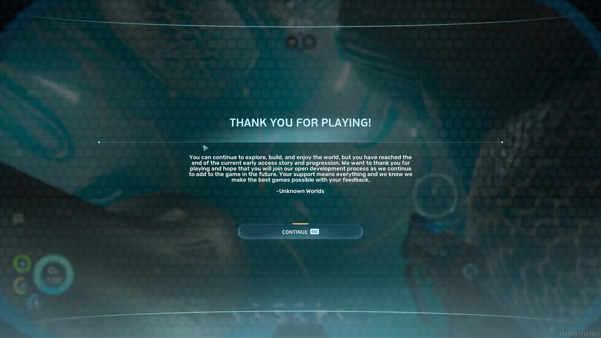 Subnautica 2 Early Access thank‑you screen confirming the player has reached the end of the current story and progression.