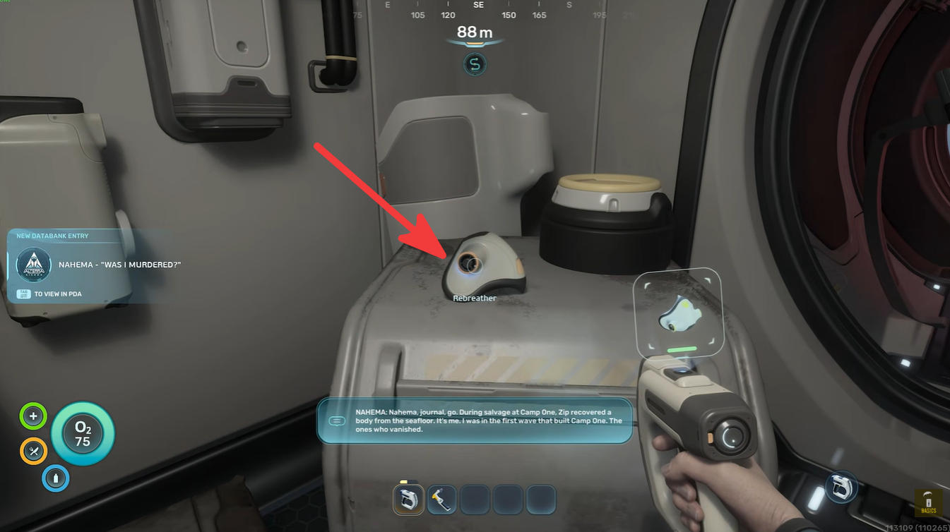 Rebreather gear sitting on a habitat shelf, marked by a red arrow, during a Subnautica 2 Early Access ending run