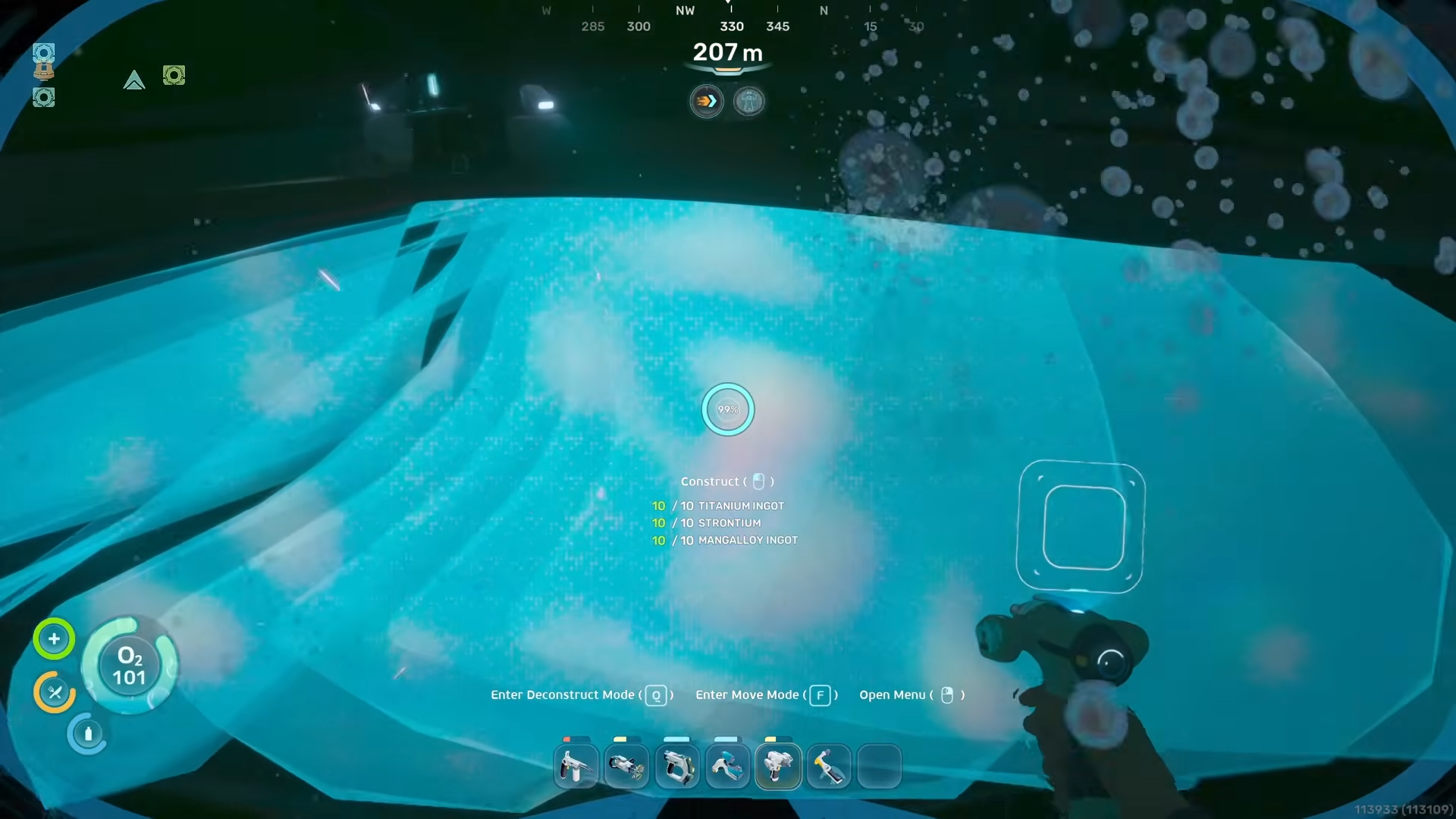 Subnautica 2 player finishing repairs on the glowing blue alien power generator shell in the turbine chamber