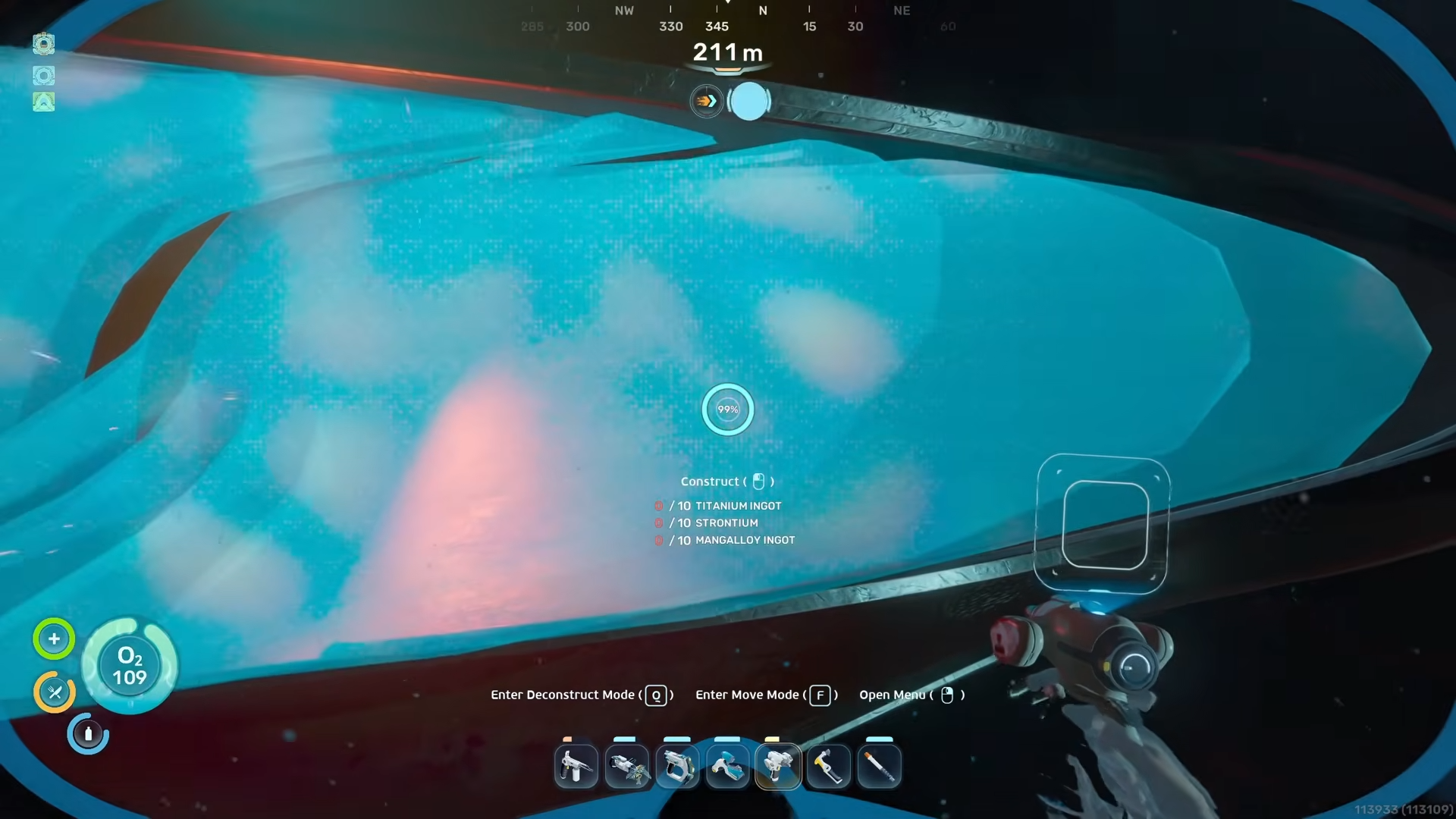 Close‑up hologram listing 10 titanium ingot, 10 strontium, and 10 Mangalloy ingot as requirements to repair the turbine in Subnautica 2