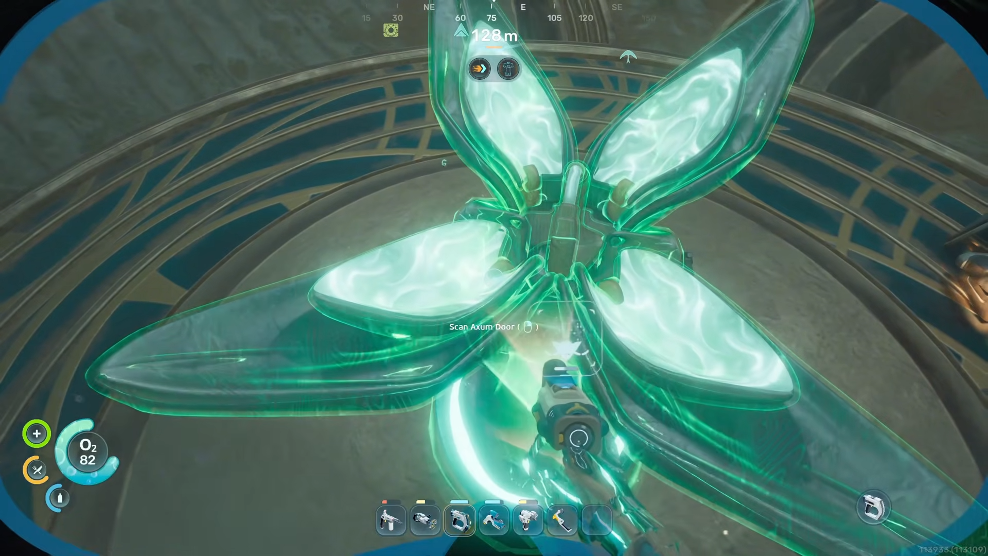 Scanning the four‑petal Axum door mechanism in the observatory hub during the Subnautica 2 ending route.