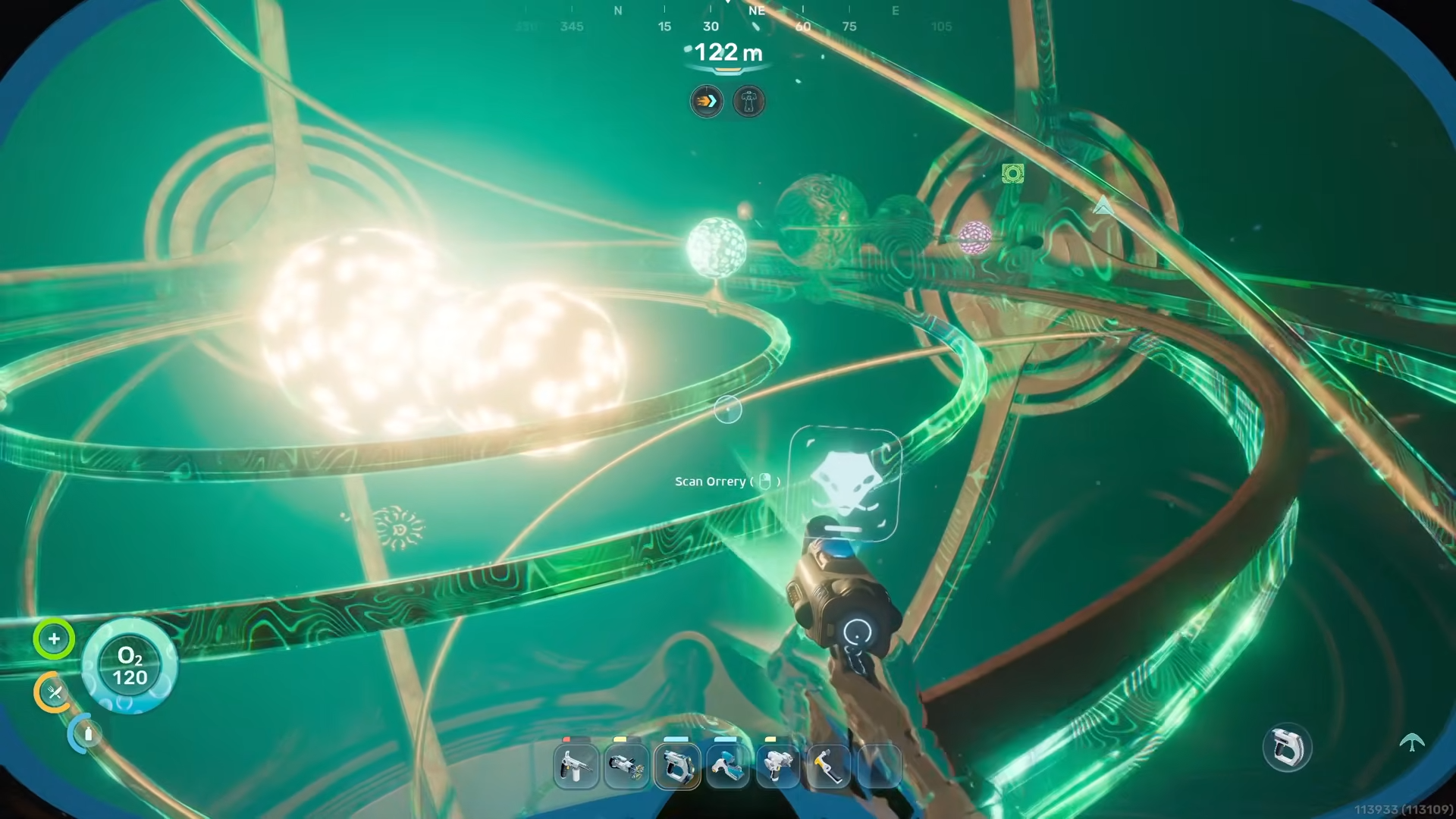 Subnautica 2 character scanning a glowing alien orrery of planets and energy rings inside the observatory chamber.