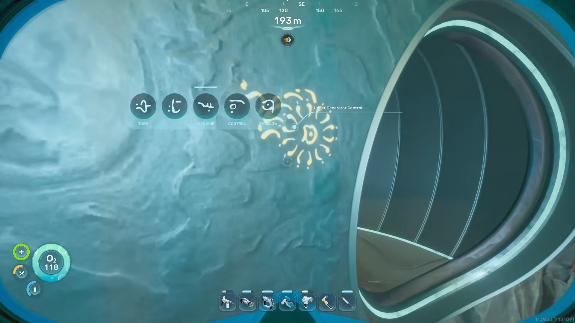 View from the observatory’s upper control room, showing Axum interface panels and deep‑sea backdrop in Subnautica 2