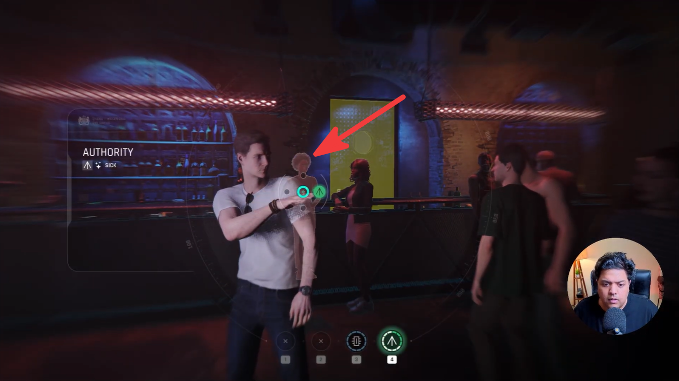 Bond uses his profiling ability to identify the correct woman inside the crowded nightclub, highlighting the NPC required to advance the "Locate Pickup" objective in the A Night Out mission.