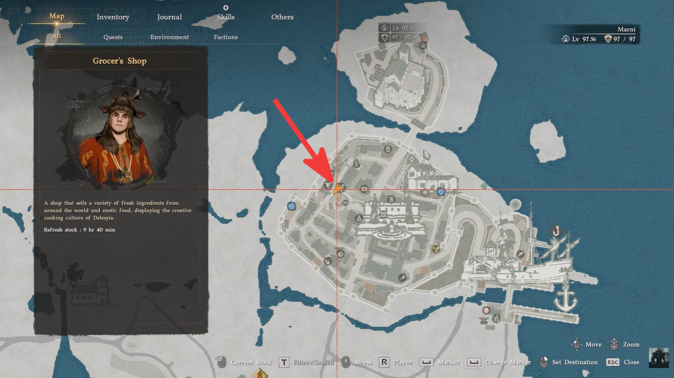 Map image showing Grocery Shop location in Delesyia of Crimson Desert - Chocolate Location
