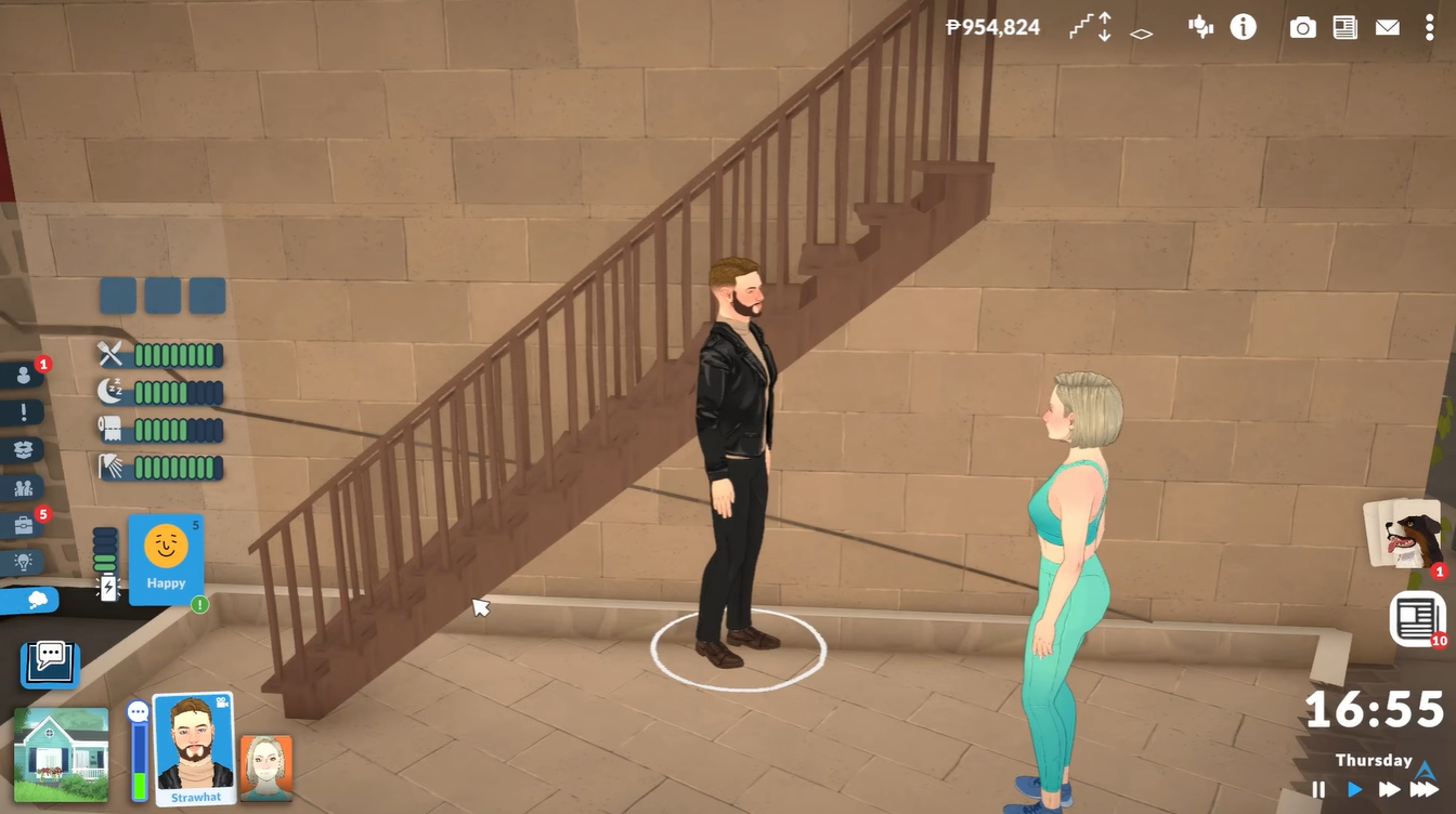 Social relationships menu in Paralives showing the player managing romantic interactions before trying for a baby.