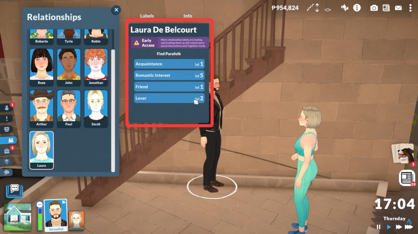 Relationship panel in Paralives displaying romantic interest and lover status required before having a baby.