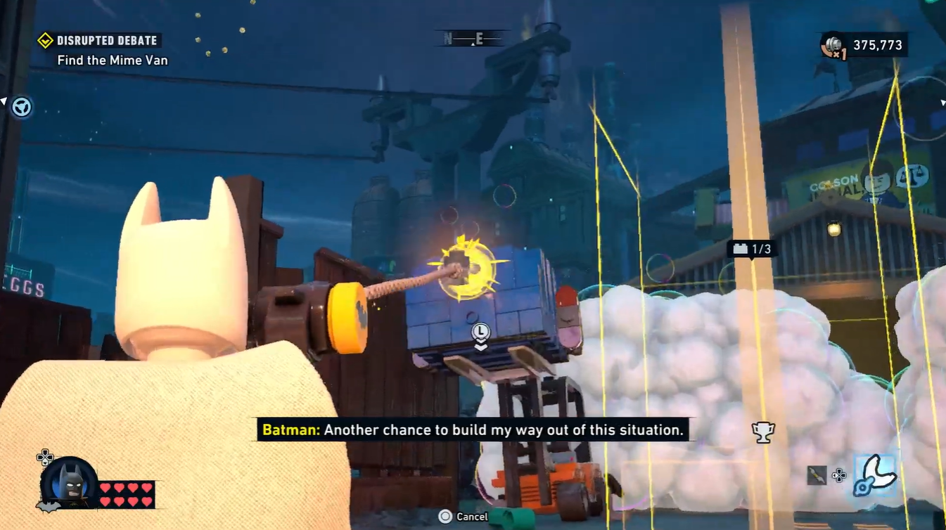 Destroying the forklift to obtain a soap cannon component in LEGO Batman Legacy of the Dark Knight
