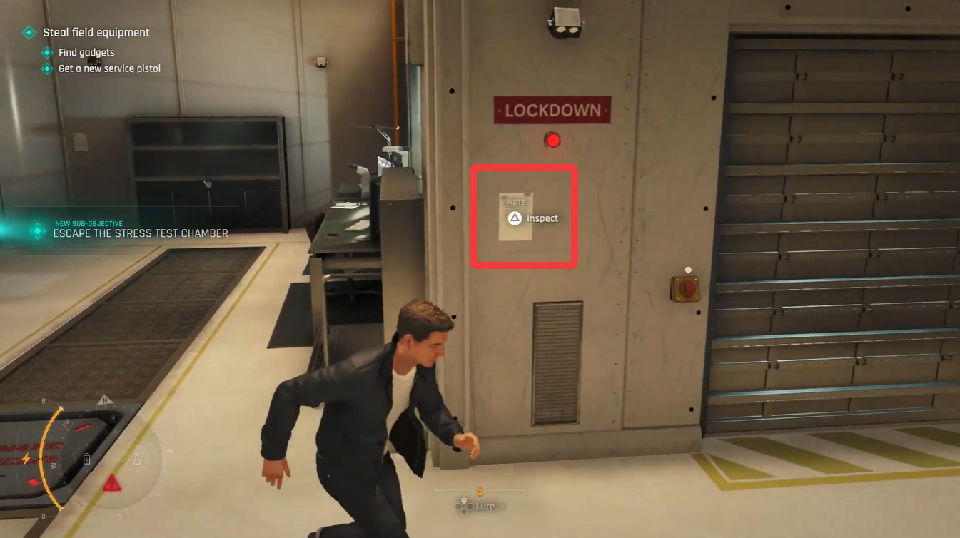 Protocol notice mounted beside the lockdown door, which must be inspected to progress the Escape the Stress Test Chamber objective.