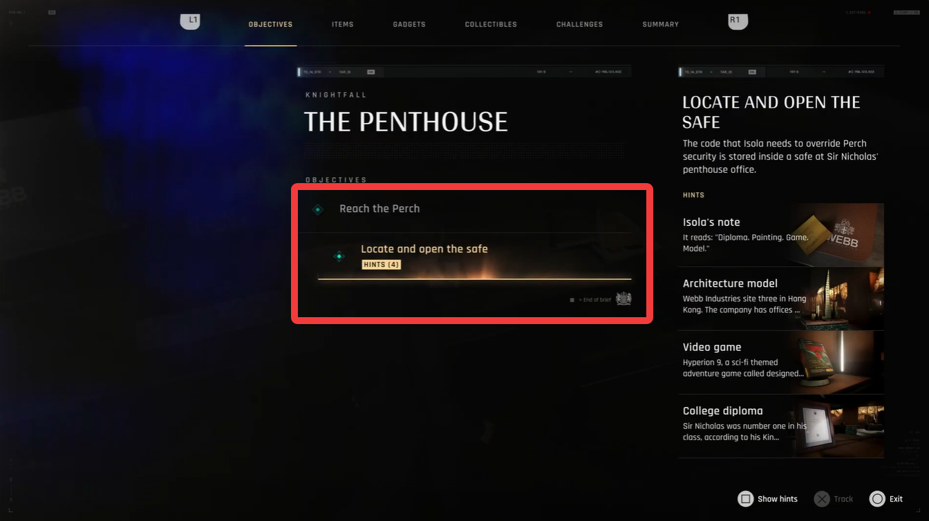 Objectives screen showing the “Locate and open the safe” task with clue hints for the penthouse safe puzzle in 007 First Light.