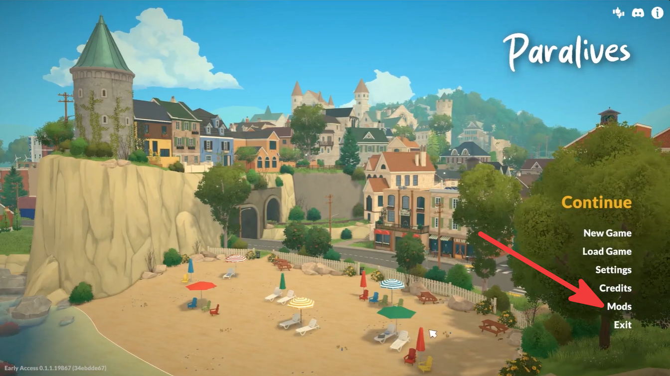 Paralives main menu screen with a red arrow pointing toward the Mods option on the right-side menu.