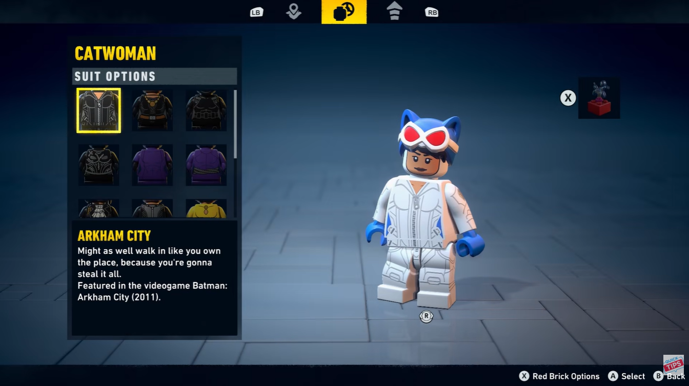 Outfit customization menu in LEGO Batman: Legacy of the Dark Knight
