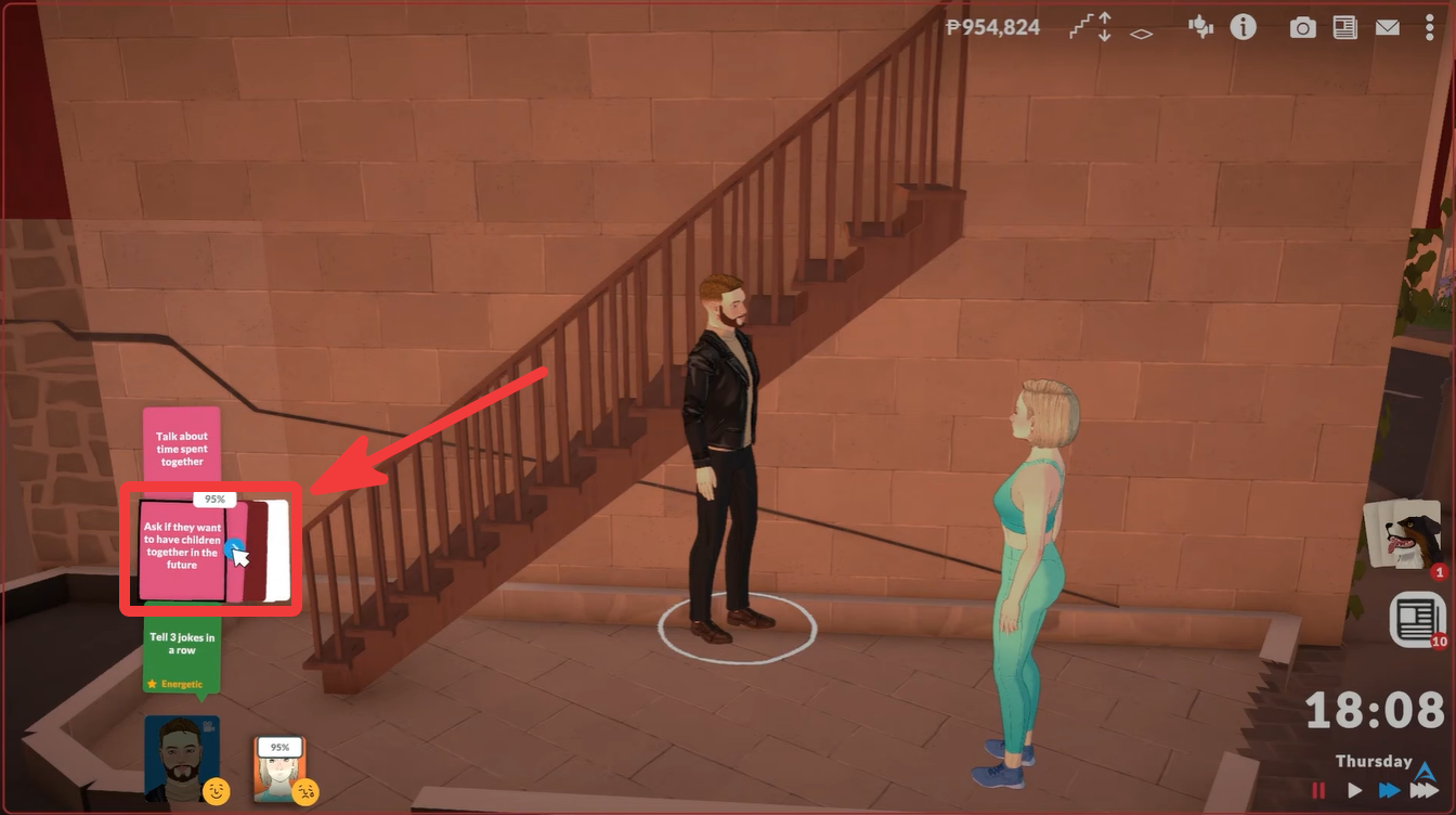 Couple discussing having children together in Paralives with the “Ask if they want to have children together in the future” interaction highlighted.
