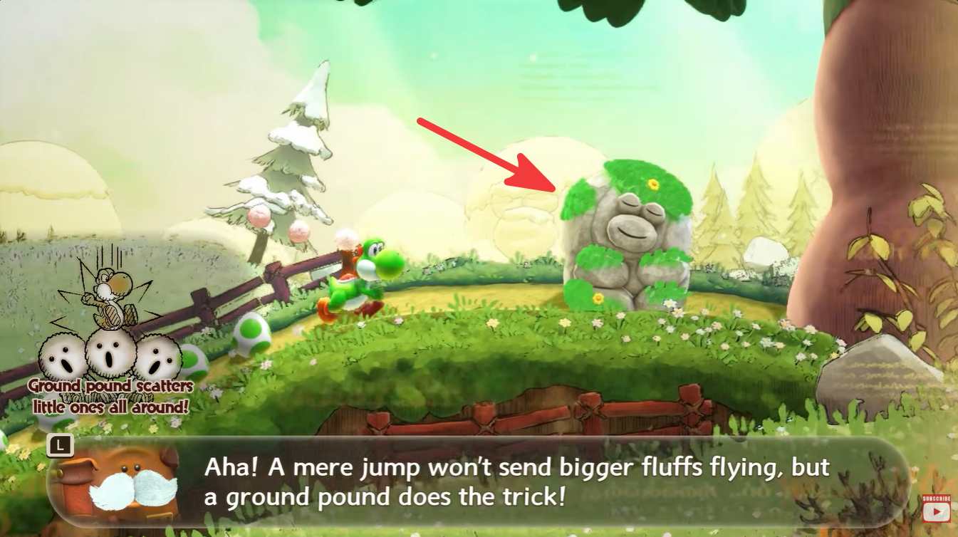 Yoshi throwing Scatterpuffs into the hollow stone statue on the right side of Wildwoods.