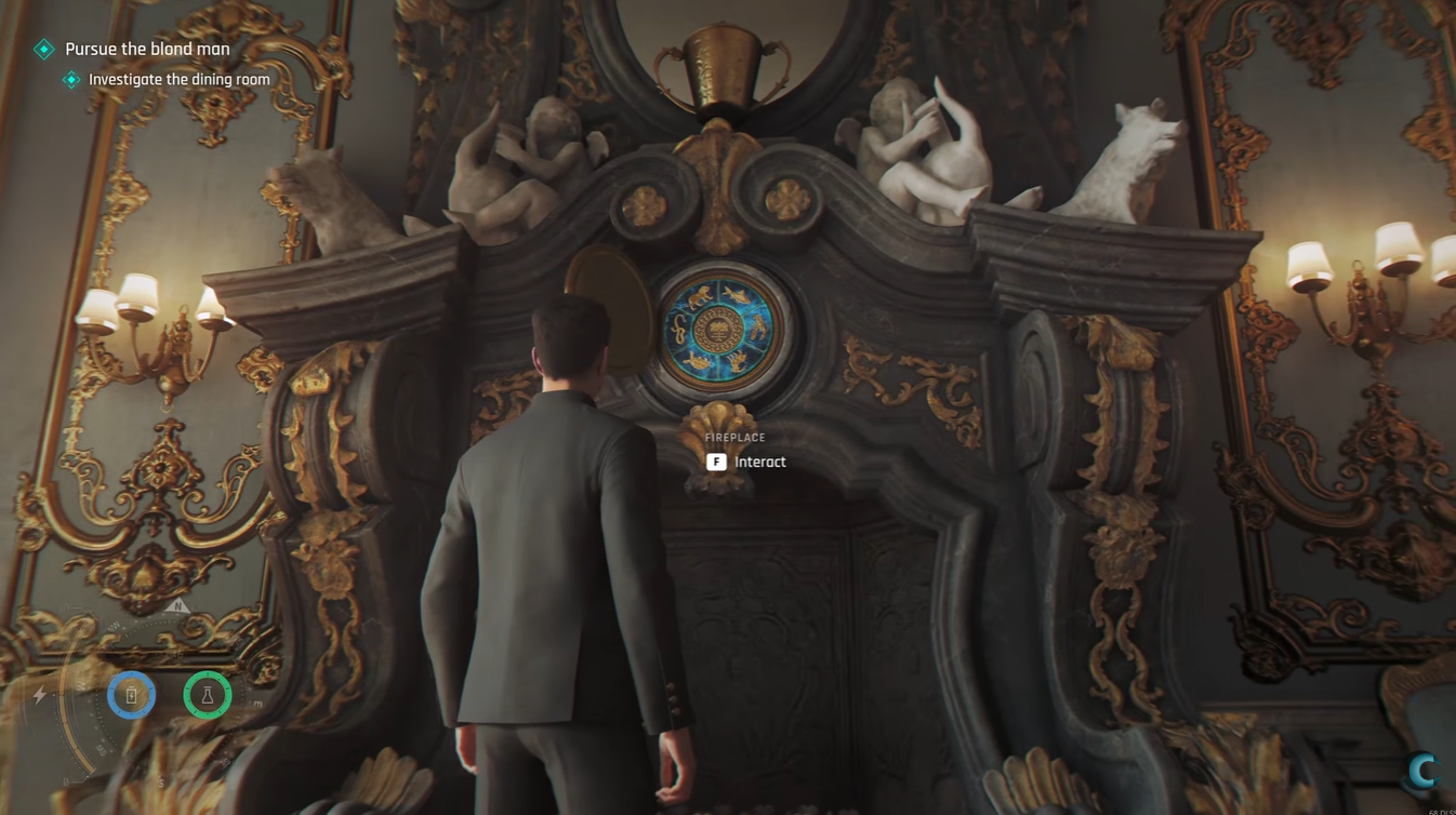 Dining room fireplace puzzle location during the Investigate the dining room objective in 007 First Light