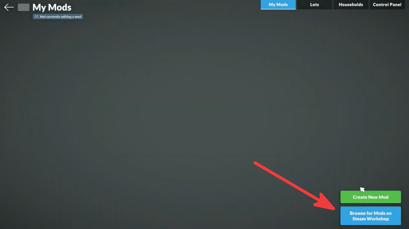 Paralives My Mods screen showing the “Browse for Mods on Steam Workshop” button highlighted in the bottom-right corner.